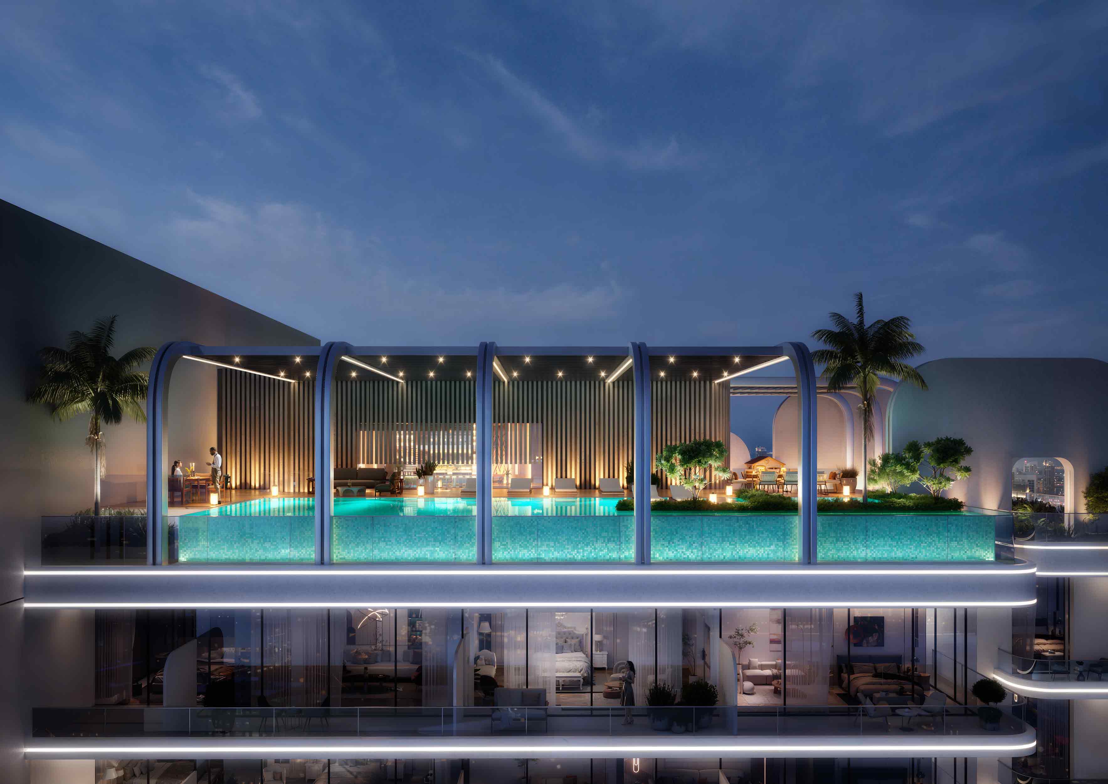 Le Blanc A modern rooftop pool area with lounge seating, palm trees, and ambient lighting against a twilight sky.